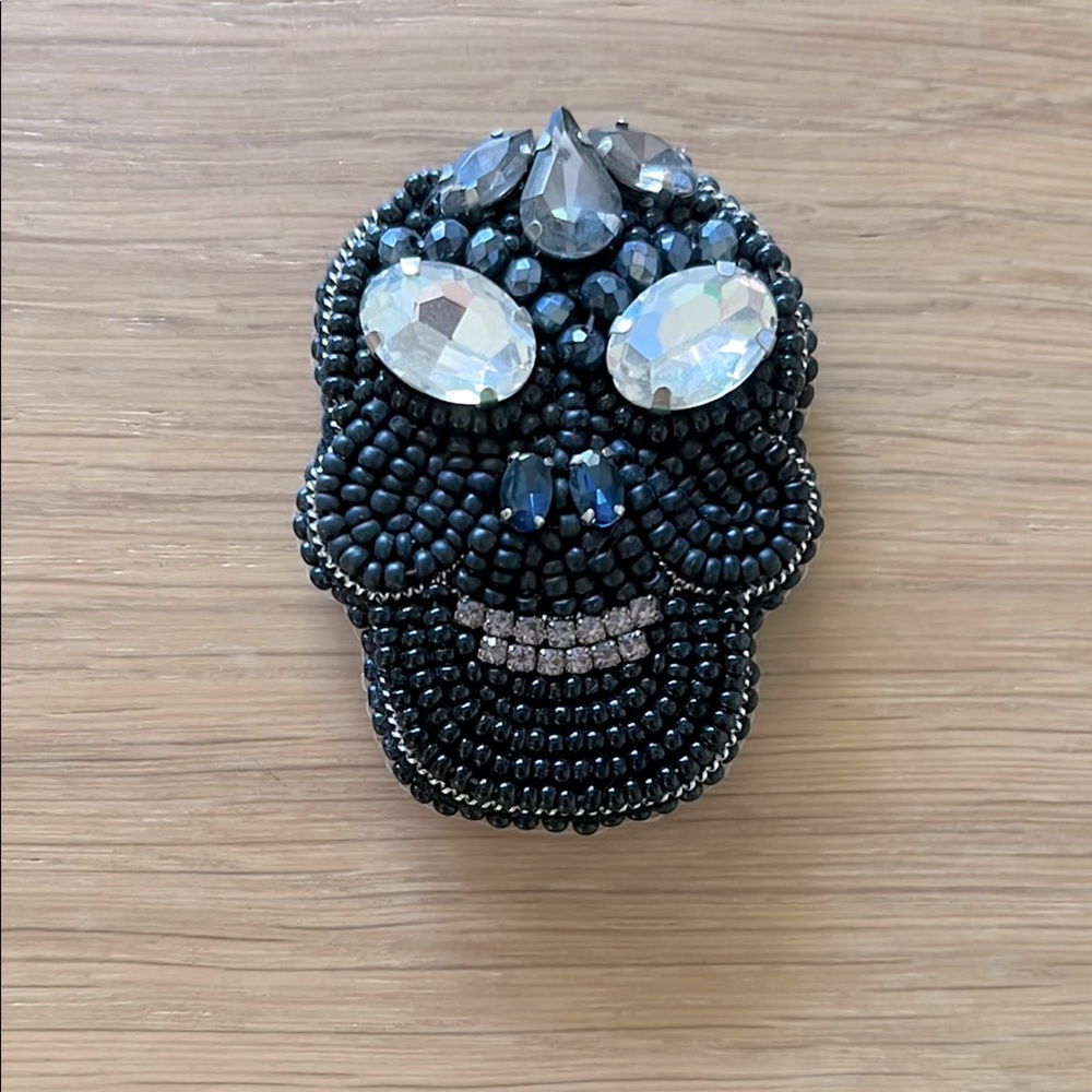 Handmade Halloween Brooch, leather base and beads on the top, Skeleton